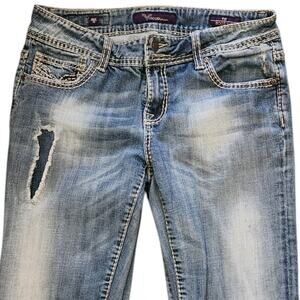 Vigoss Blue Boot Cut Jeans with Distressing and Faded Wash